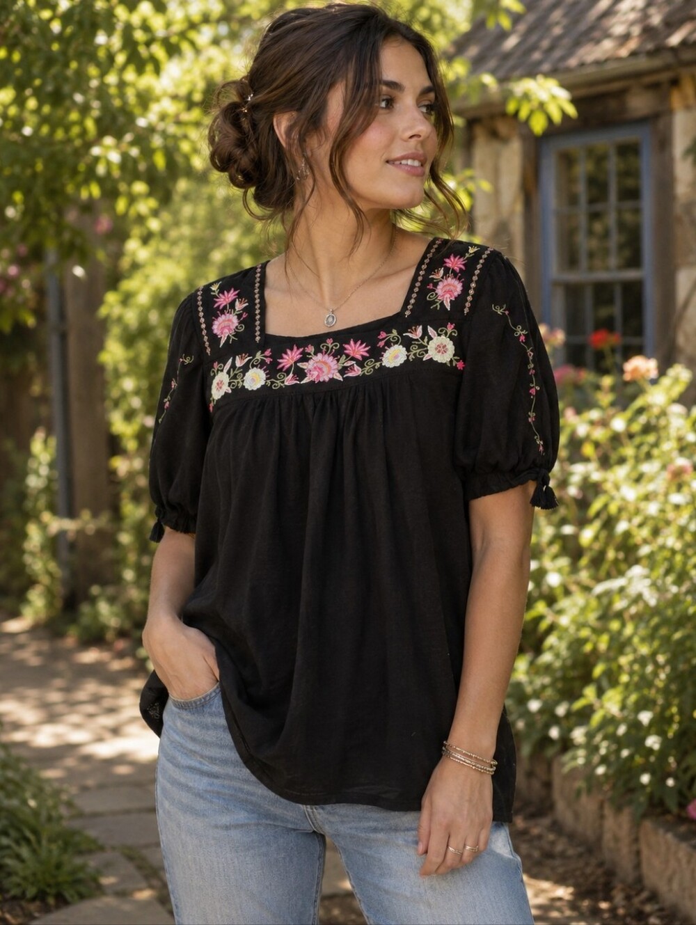Black Floral Embroidered Boho Peasant Top 100% Cotton Tassel Sleeve XL 16-18